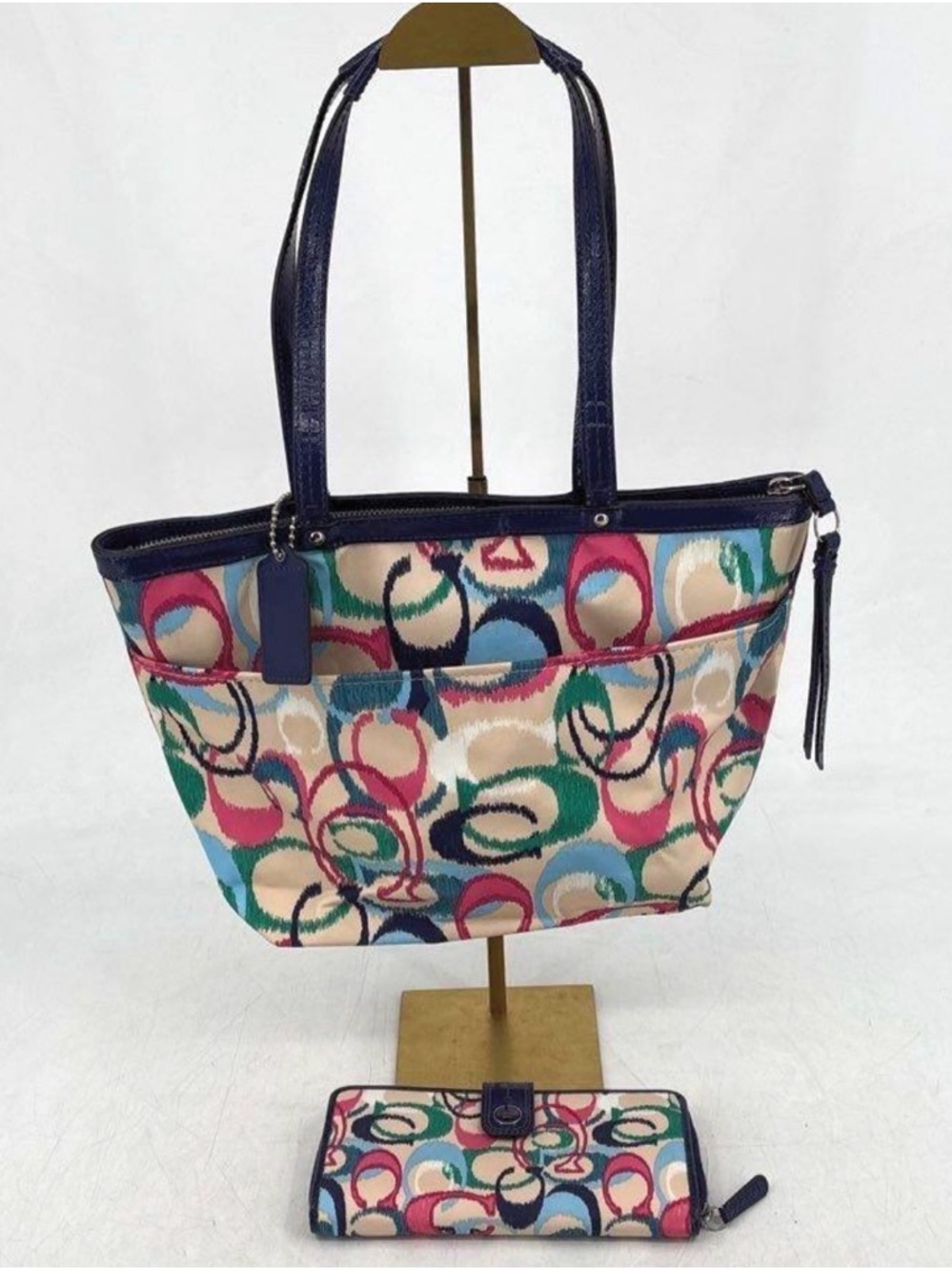 Coach Multicolor Circle Print Tote with Navy Trim and Matching Wallet